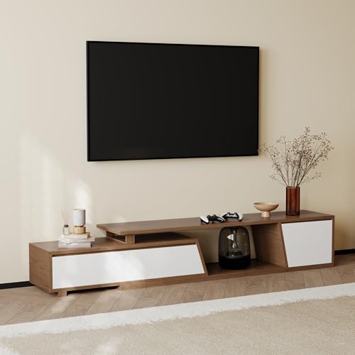 Homary Meuble TV Extensible Bois avec 3 Tiroirs Spacieux, MDF Écologique, Rangement Ouvert, Design Moderne pour Salon, Installation à Gauche/Droite (Blanc)