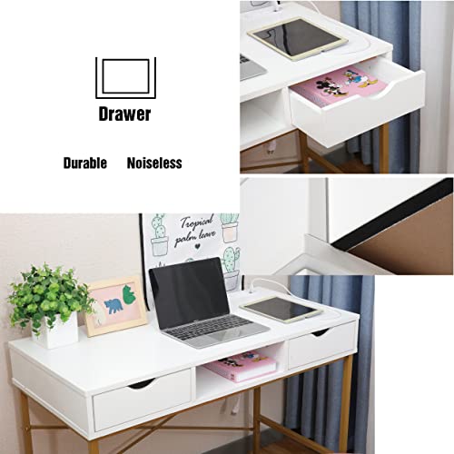 Jjs 40' Writing Desk With Power Outlet, Home Office Contemporary Large Computer Desk Laptop Workstation With Drawer Usb Ports Charging Station, White/Golden #TOP7