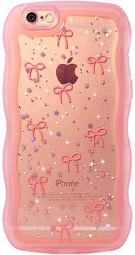 Qokey for iPhone 6/6S Case, Glitter Star & Curved Edge Handle Grip Design, Military-Grade Shockproof Clear TPU Cover, Sparkle Protection Scratch-Resistant, Holographic Pink Bow