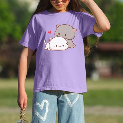 Image of KEEVICI Cute Cat Shirts for Girls Graphic Tees Kids Kawaii Cartoon Animal Print T Shirt Summer Cotton Short Sleeve Tops