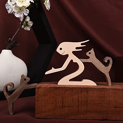 Kingnow Woman And Cat Statue Wood Figurine Handcraft Kitty Ornament Home Decor Accents #TOP3