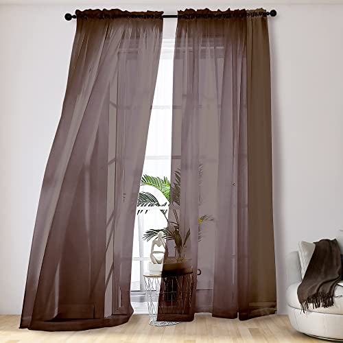 Image of OVZME Elegant Voile Panels - Solid Color Sheer 96 inch Length Window Curtains, Chocolate, 2 Panels=84 inch W