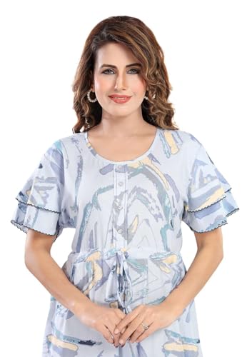 Image of NIGHT SHADES | Alpine Frock Style Designer Nighty |Women's Abstract Print Maxi Dress | Ruffle Sleeve |Cotton Blend| Women Nighty | Nighty for Women | Gown |
