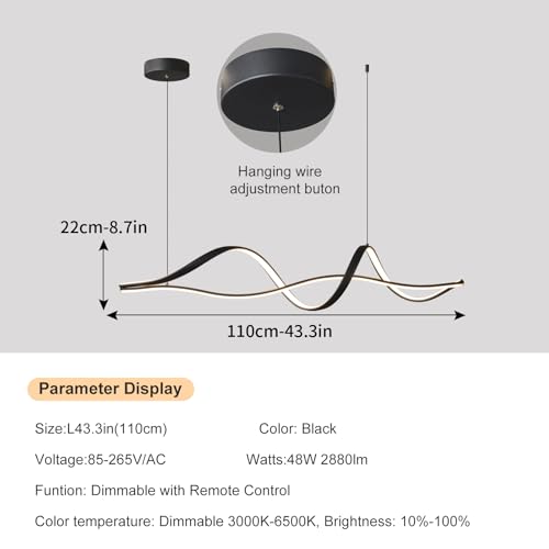 Jaycomey Modern LED Chandelier for Dining Room 48W Dimmable Modern Linear Pendant Light with Remote, 3000K–6500K Adjustable Ceiling Chandelier for Kitchen Island Living Room (100cm Black) by Jaycomey - Image 3