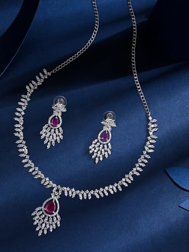 Image of ASMITTA Jewellery Rhodium Plated Silver American Diamond Studded Necklace with Purple Earrings Jewellery Set for Women & Girls