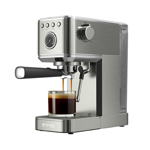 EVVO Caffettiera Express Intensa, Pressione 20 bar, Corpo in Acciaio, Espressi e Capuccini, 1350 W, Doppia uscita, Portafiltri, Serbatoio da 1,2 l, Riscaldamento Rapido (Steel, Con Manometro)
