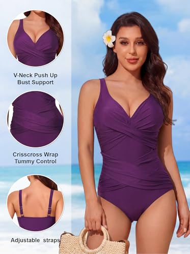 Image of Smismivo Tummy Control Swimsuits for Women Slimming One Piece Bathing Suit Retro Ruched Push Up Vintage Padded Swimwear