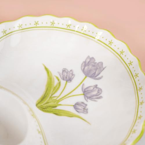 Image of Nestasia Ceramic Snack Plates Set of 2 - Serving Plate with Dip Section for Chutney or Sauce | Microwave & Dishwasher Safe Shell Shaped Design with Floral Print - Perfect for Fries, Momos, Kebab