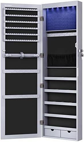 SONGMICS 6 LEDs Cabinet Lockable 47.2" H Wall/Door Mounted Jewelry Armoire Organizer with Mirror, 2 Drawers, Gray UJJC93GY