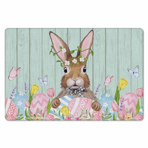 Easter Kitchen Bath Door Mat Cushioned Runner Rug,Washable Welcome Floor Sink Antifatigue Mat,Waterproof & Non-Slip Comfort Standing Doormat,Spring Bunny Easter Egg Flower Aqua Wood Grain 24