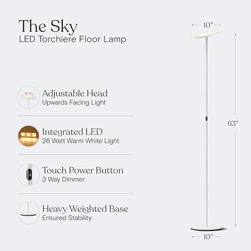 Image of Brightech Sky LED Floor lamp, Torchiere Super Bright Floor Lamp for Living Room Decor & Office - Dimmable, Tall Standing Lamp with Warm Light for Bedroom & Reading - White