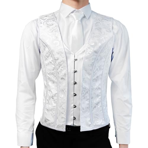 Men Corset Suit Vest White Dress Waistcoat Slimm Fit Medieval Tops For Wedding Stage3
