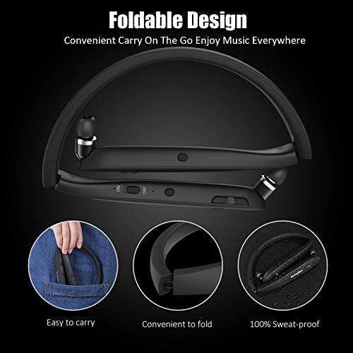 Image of RoomyRoc Bluetooth Headphones, RoomyRoc Wireless Neckband Headset Evoking Siri & Bixby with Retractable Earbuds, Sports Sweat-Proof Noise Cancelling Foldable Stereo Earphones with Mic (Black)