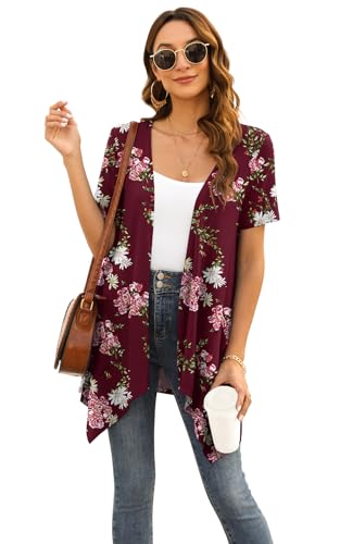 Image of Veryoung Floral Short Sleeve Cardigans for Women Casual Drape Open Front Lightweight Summer Cardigan with Pocket High Low Hem