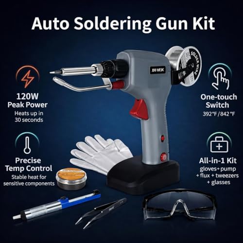 Image of Trigger-Feed Soldering Gun Kit, 120W 110V, 6-Level 392-842F Adjustable Temperature Soldering Iron for DIY Electronics and PCB Repair One-Hand Tin-Feeding (including gloves and goggles) | One-Hand Operation,30s Heating & 120WPower, with gloves and goggles