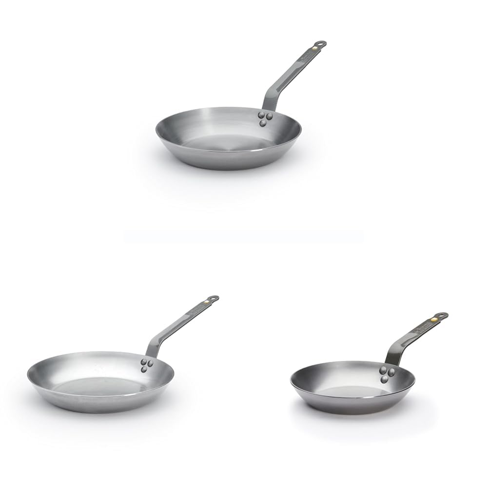 DE BUYER - Lot de 3 Poêle en tôle d'acier Mineral B - 20, 26 et 28 cm- Fabriquées en France, Sans PFAS, Montée Rapide en Température, Inox 18/10, Tous Feux + Four, Finition Poli Brillant