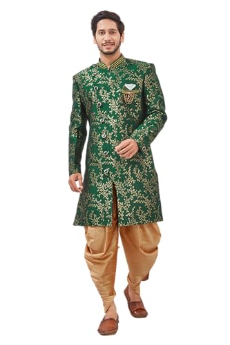Conjunto de pijama indiano de tecido jacquard indo-ocidental Sherwani para homem, Garrafa verde 2, 46