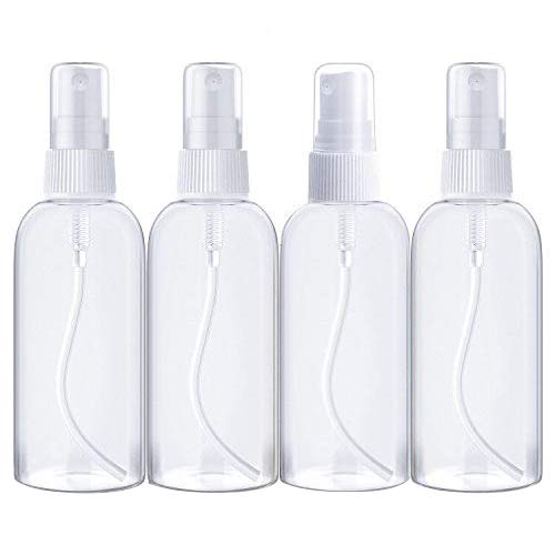 QcoQce Spray Bottle, 4 Pack 3.4oz/100ml Empty Fine Mist Plastic Spray Container, Refillable Clear Travel Bottles, Cosmetic Containers for Essential Oils, Perfumes (4 Pack)