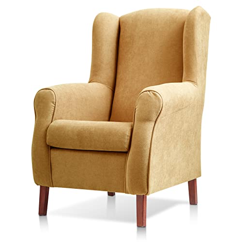 Sueños ZZZ Carla Fauteuil à oreilles tapissé en tissu anti-taches Couleur moutarde 104 x 77 x 75 cm Idéal pour lire, regarder la télévision ou allaiter
