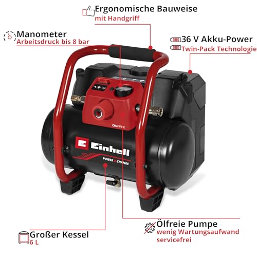 Einhell Akku-Kompressor TE-AC 36/150 Li OF-Solo Power X-Change (36 V, max. 8 bar, 6 l Tank, 150 l/min Ansaugleistung, Manometer, ölfrei, ohne Akku)