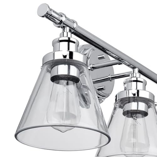 Image of Globe Electric 51234 5-Piece All-in-One Bathroom Set, Chrome, 23 inch 3-Light Vanity Wall Light with Clear Glass Shades, Towel Bar and Ring, Robe Hook, Toilet Paper Holder, Beauty Room Accessories