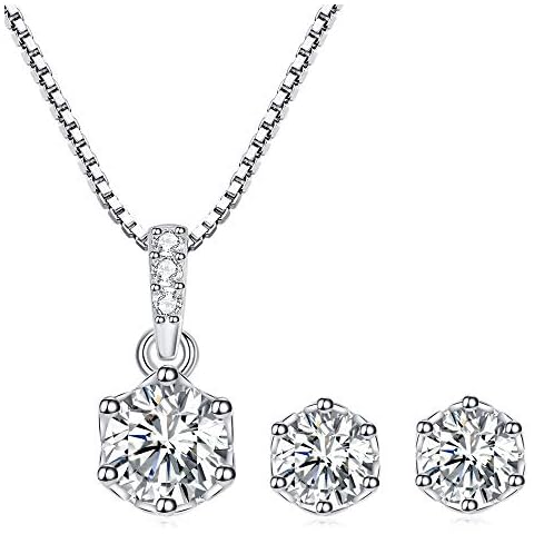 PRETTERY 925 Sterling Silver Jewellery Set for Women, 3A Cubic Zirconia White Gold Plated Hypoallergenic Stud Earrings and Necklace Set for Wedding Cover