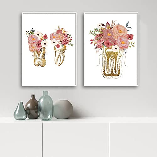 NETIVA bilder HD-Druck Blume Zähne Kunst Leinwand Gemälde Zahnarzt Klinik Druck Poster Raumdekor Bild Wandbild Büro Wandkunst Dekor-40X60Cmx2 Kein Rahmen