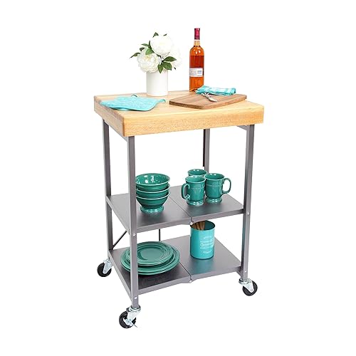 Image of Origami Foldable Kitchen Island Cart, Rolling Storage Table Organizer with Wheels, Silver