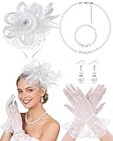 Bniksok White Tea Party Hats Lace Gloves Set for Women Veil Mesh Fascinators Hat for Tea Party Birthdays Halloween 1920s