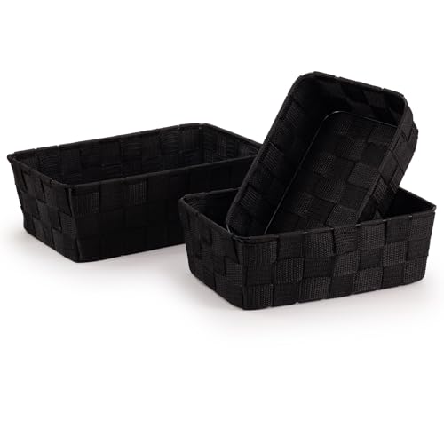 EHC Set of 3 Woven Nestable Storage Boxes, Lightweight Woven Basket for Shelves, Home Organiser Box, Gift Hamper Baskets - Black