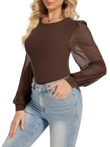 SHAPERIN Long Sleeve Bodysuit for Women Elegant Crew Neck Lantern Sleeve Blouse Top Slim Fit Body Suit, Brown, XXL