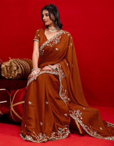 Image of SIRIL Women's Georgette Embroidery Saree With Unstitched Blouse