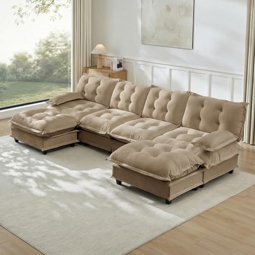 Image of 138 inch U-Shaped Sectional Couches for Living Room, Light Coffee 4 Seater Modern Chenille Deep Seat Sofa Set, Salas para Casa, High Back Cloud Couch Modular Sectional Sets with 2 Ottoman