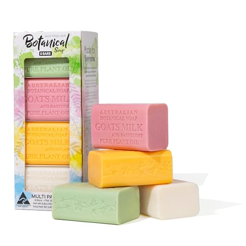 Australian Botanical Milk Soap Bars, 6.8 OZ French Triple Milled Soap for All Skin Types - Lemongrass, Melon, Raspberry, and Shea Butter, Pack of 8 - Packaging May Vary