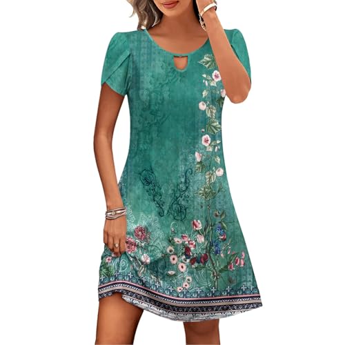 Sommerkleid Damen Leicht Kurzarm Kleid Casual Rundhals Minikleid Knielang T-Shirt Kleider Baumwolle Elegant Blusenkleid Blumen Boho Strandkleider Kurz...