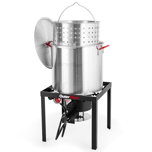 Image of OuterMust 60 Qt. Seafood Boil Pot and Burner Kit Seafood Boiling Pot with Basket, 110,000 BTU Aluminum Crab Boil Burner with 10 PSI Regulator for Cooking Crayfish, Shrimp