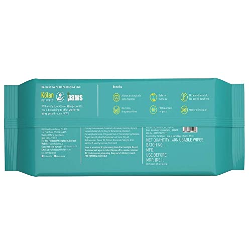 Kolan Pet Wipes 60 Count Inside | Fragrance-Free, Grooming Wet Wipes | Eco-Friendly and Biodegradable | for Dogs, Cats, Puppies, Rabbits and Small Pets Pack of 1