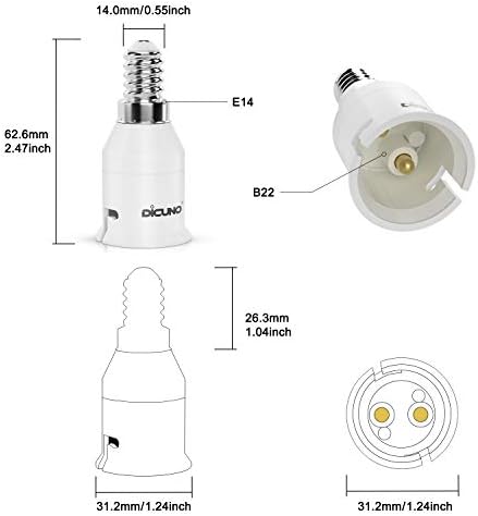 DiCUNO E14 to B22 Socket Converter, Screw to Bayonet Adapter, Small Screw/SES to Bayonet/BC Converter, 0-250v,  165 Heat Resistant. (4 Packs)