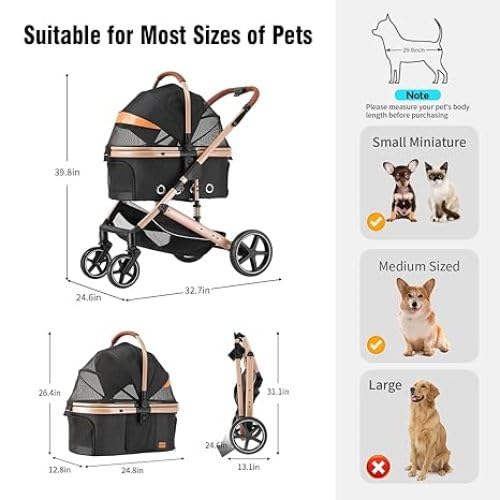 4 in 1 Pet Stroller Folding Lightweight Cat & Dog Stroller with Detachable Carrier NO-Zip 180° Reversible Canopy All Terrain 4-Wheel 45 lbs Capacity for Small to Medium Dogs