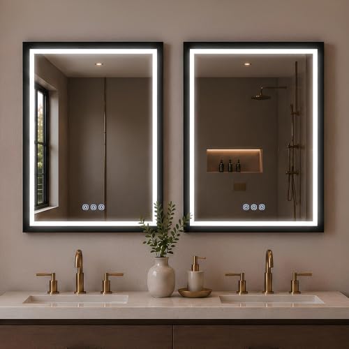 Image of USHOWER 2 Pack 22x30 Inch Black Mirror with Light Frame, Shatter-Proof | Led Bathroom Mirror for Wall, Smart Anti-Fog Vanity Mirror with 3 Colors, Stepless Dimmable, Memory Fuctions,ETL Listed