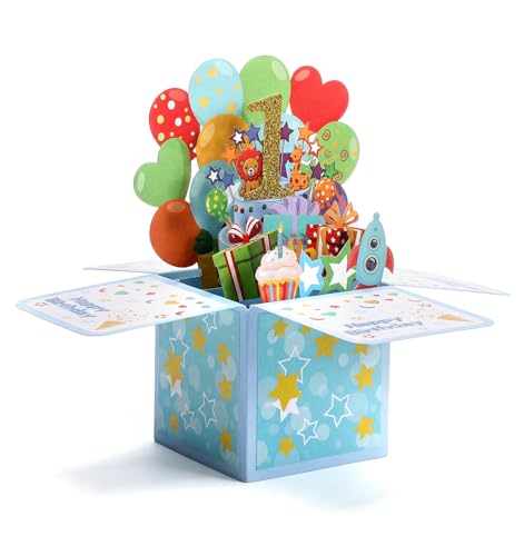 Geburtstagskarte 1 Jahr Junge, 3D Pop-Up Erster Geburtstag Junge Grußkarte Mit Umschlag Für Baby Shower Und Ersten Geburtstag (Blau)
