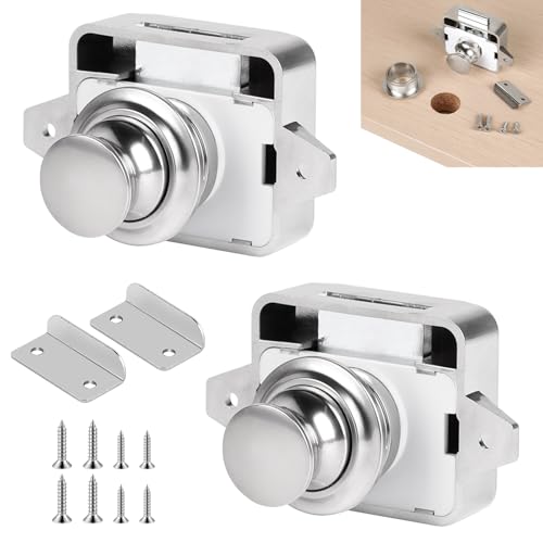 SUPAWAY 2 Cerradura puerta boton,Boton armario camper,Cierre puerta autocaravana,Boton cajon cierre armario,Pestillo gabinete sin llave botón pulsador,Botón de cierre para armario con tornillos, Plata