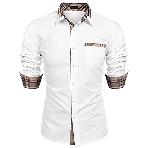 XVSSAA Men s Pocket Casual Long Sleeve Lapel Shirt Button Down Long Sleeve Regular Fit Shirt Business Work Tee Shirt White