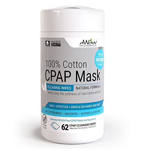 AWOW CPAP Wipes for Mask Cleaning - CPAP Accessories for daily CPAP Cleaning, Unscented 100% Cotton, Make CPAP Mask Cleaning easy with Regular CPAP or BiPAP Mask Maintenance, 62 Wipe Canister