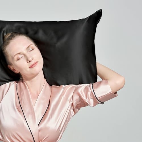 Image of THXSILK 100% Mulberry Silk Pillow Case, 30 Momme Silk Pillowcase for Hair and Skin, Hypoallergenic Soft Breathable Pillow Cover with Hidden Zipper, 1pc(Black, Standard 20 inchx26 inch)