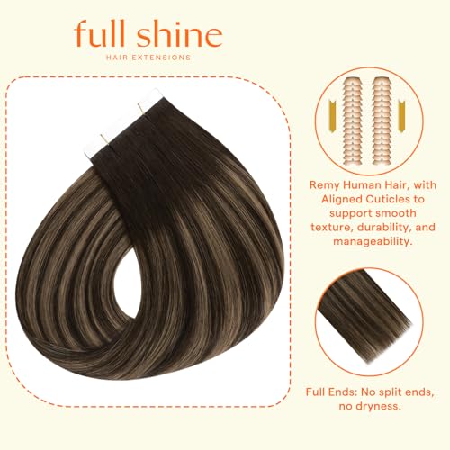 Image of Full Shine Wide Tape in Extensions Human Hair, Dark Brown Mix 22 Inch | 75g 15 PCS, Brazilian Tape in Human Hair Extensions, Full Coverage Design, Thick Ends, Long Style, Easy Maintenance
