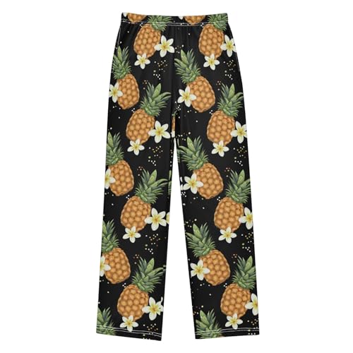 Pineapple with Hibiscus Floral Boys Long Pants Soft Trousers Elastic Waist Kids Lounge Bottoms with Pockets S-XL - Main Image