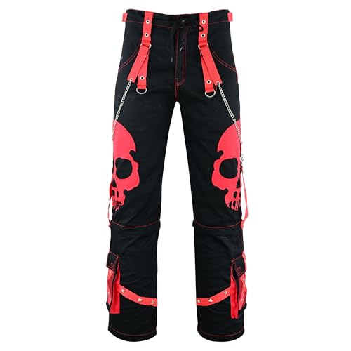 WMI Men’s Big Red Skull Bold, Dark Gothic Fashion Pants with Red Straps, Chain, and Silver Studs