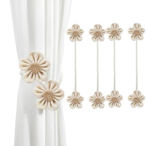 JAZLOG Catchy Rope White & (Set of Brown Holders Holdback 2) Curtains Tieback Drapery Jute Tiebacks. Natural Decorative Window Neutral Combo Curtains Floral Curtain Beautiful (4, White)