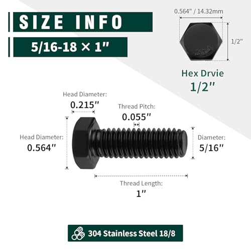 Image of 5 /16-18 x 1 inch Hex Head Bolts Black, 304 Stainless Steel 18-8 Hexagon Head Screws Bolts, Black Oxide Finish, Allen Hex Drive, 12 PCS